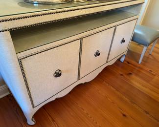 #12 - $700 -Linen covered sideboard nailhead design 5'6"x20"Dx39"H- glass top - 2 shelves in cabinet 