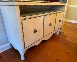 #12 - $700 -Linen covered sideboard nailhead design 5'6"x20"Dx39"H- glass top  2 shelves in cabinet 