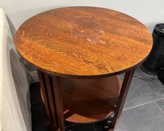 #62- $100 As is - Mission style oak round side table 29"Rx29"H 