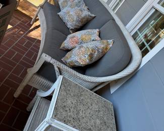 #122 Wicker Sofa, Loveseat & Ottoman, 2 side tables, coffee table 6 pieces, sold as set $1000