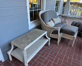 #122 Wicker Sofa, Loveseat & Ottoman, 2 side tables, coffee table 6 pieces, sold as set $1000