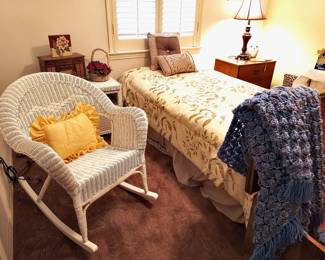 Twin Bed, Wicker Rocker & Side Table