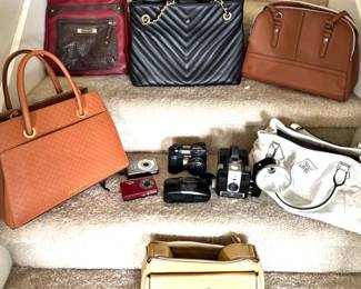 DesignerPurses--VeraWang, Liz Claiborne, Betsy Johnson & Rosetti + Cameras--Kodak, Canon, Olympus 35 mm, Browning & Hawkeye 