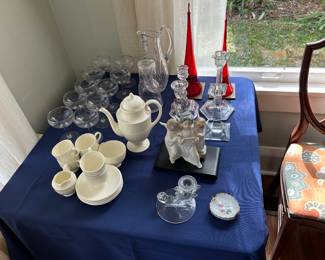 Candlesticks, stemware, pitcher