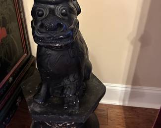 #13 3 piece concrete painted black dragon, 27" tall, as is - ear chip and paint chip $100.00