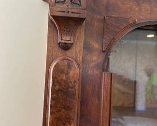 #43 heavy burled wood display cabinet with 2 glass doors and 3 wood shelves, carved column, as is - missing corner moulding 56x18x72 $250.00