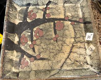 #234 pottery square tray with cherry blossom design on top, 12 square $20.00