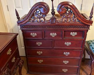 #26 high boy 2 piece cabinet with 13 drawers, ball and claw feet and carving, 38x16x32-80 as is - finials are detached $275.00
