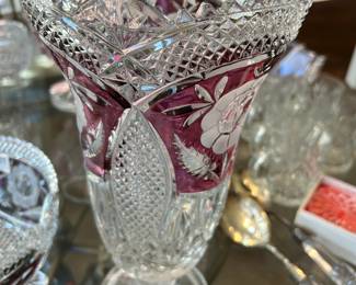 #241 purple crystal footed vase, 13" tall $25.00