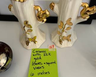 #169 2 ceramic with 22K gold leaves and squirrel vases, 6" $25.00