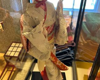 #144 Asian doll in white kimono with straw hat, 16" tall $30.00