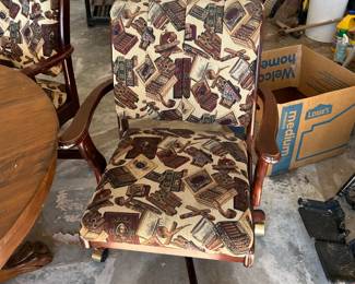 #97 round pedestal table with claw feet with 4 rolling chairs with cigars and pipes pattern 45x28 $200.00