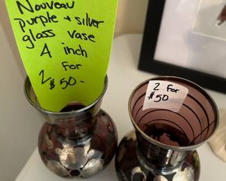 #168 2 Italian nouveau purple and silver glass vase, 4" $50.00