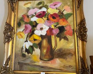 #201 Tomiko oil painting of flowers in gold frame 21x25 $100.00