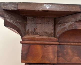 #43 heavy burled wood display cabinet with 2 glass doors and 3 wood shelves, carved column, as is - missing corner mounding 56x18x72 $250.00