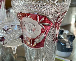 #240 ruby and crystal vase 9" tall $20.00