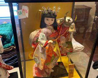 #146 Asian geisha princess doll, 14" tall, in black wood and glass case 13.5x11x17.5 $40.00