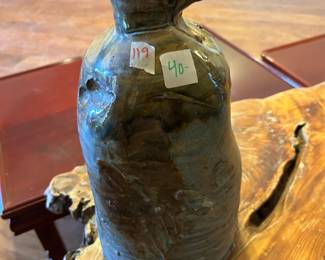 #119 green and blue painted ceramic jug with 1 handle, 13.5" tall $40.00