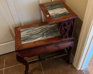 #61 step end table with marble top with carved front and Queen Anne legs, as is - finish 14x22x28 $125.00