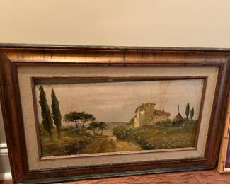 #198 original oil of building with woods, as is, 30x19 $40.00