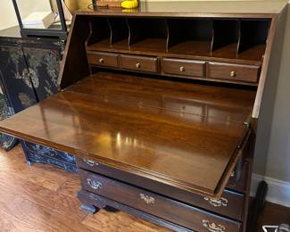 #34 Ethan Allen drop front desk with 7 drawers, 34x18-30x43, as is - finish $175.00
