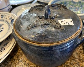 #109 ui handmade casserole pot with face on lid $75.00