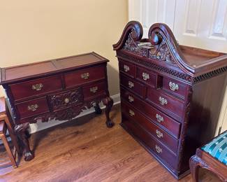 #26 high boy 2 piece cabinet with 13 drawers, ball and claw feet and carving, 38x16x32-80 as is - finials are detached $275.00