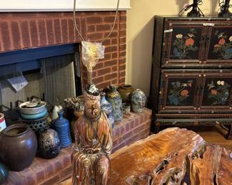 #18 Asian carved wood lamp of man, 4 foot tall, heavy $175.00