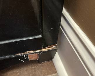 back leg #3 black lacquered mother of pearl Asian display cabinet with 2 glass doors and 2 wood doors, 3 drawers, as is leg broken, 30x16.5x75 $275.00