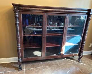 #1 Antique Asian display cabinet 3 doors and 3 shelves 74x16x60 as is chipped veneer $300.00