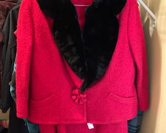 #195 3 piece red wool suit with black fur color, size 16 by Mortons $50.00