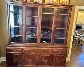 #7 2 piece Asian China cabinet with 4 drawers, 4 wood doors and 4 glass doors, as is - 1 glass door 72x19x32-80 $200.00