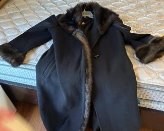 #196 Alorna size 14 black wool coat with faux fur collar and arm cuffs $50.00
