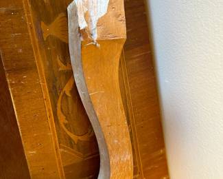 #19 inlay flip down desk with 4 drawers, queen Anne legs, as is - one leg broken off $175.00