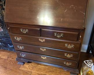 #34 Ethan Allen drop front desk with 7 drawers, 34x18-30x43, as is - finish $175.00