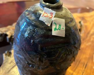 #123 blue and brown and gray ceramic vase, 8" tall $20.00