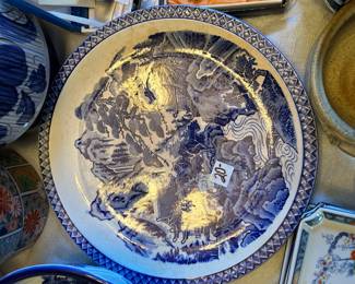 #213 blue and white scene of mountains plate, 12.5" round $20.00