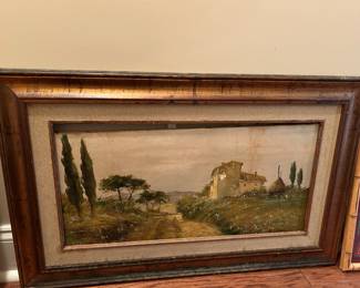 #198 original oil of building with woods, as is, 30x19 $40.00