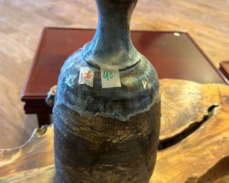#126 blue and brown ceramic vase, 13" tall $40.00