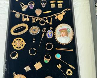 Victorian, gold, sterling, vintage & antique – Mourning brooches; 14k charm bracelet with the cutest charms; rings; brooches; hand painted porcelain portrait brooch; earrings; pocket watches; chatelaine pieces; loose cameos; stick pins; chains