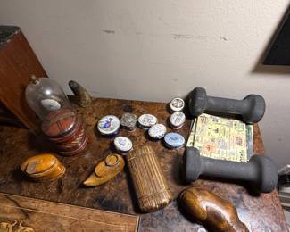 antique Bilston enamel boxes; hand carved shoe snuff boxes
