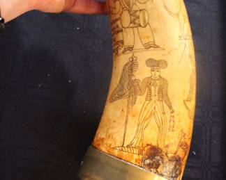 Antique scrimshaw carved powder horn