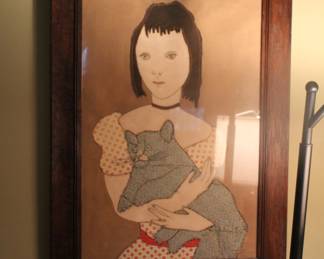 Mixed media girl with cat