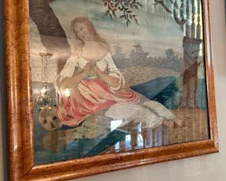 Framed 19thc needlework picture - silk embroidery & watercolor of woman in mourning