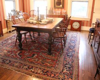 Antique oak trestle table with sack back Windsor chairs