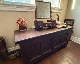 early English? blanket chest with original iron strap hinges (17th c?)