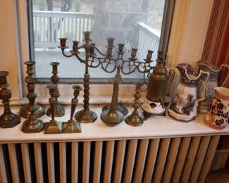 More brass candlesticks & antique pitchers