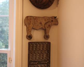 Vintage kitchen molds and wood cow pull toy