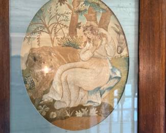 Framed 19thc needlework picture with silk embroidery & watercolor of a woman by a lion