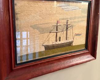 Framed 19thc needlework of two masted ship